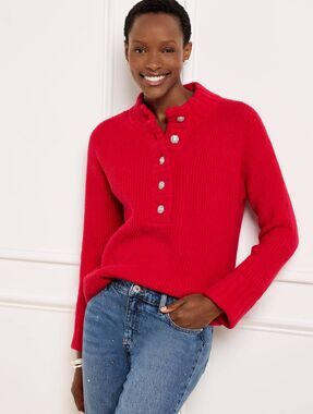 Talbots Red Jewel Henley Sweater LP Comfy Winter Oversized Basic Christmas